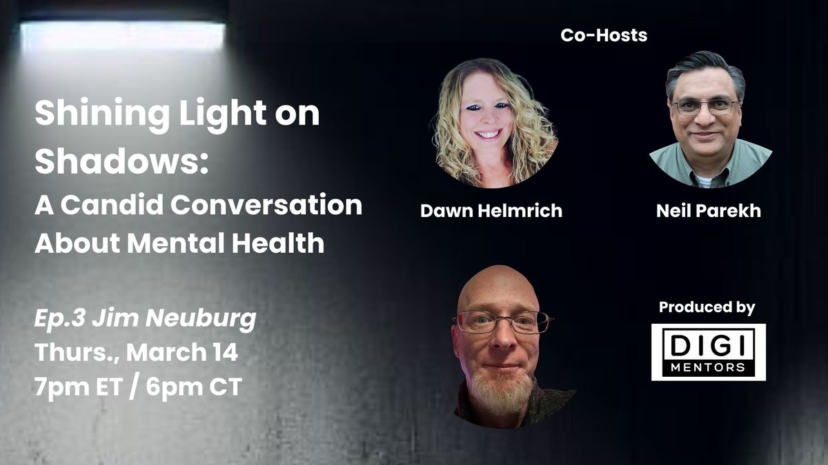 Neil Parekh (He / Him / His) (@neilparekh) on Twitter photo 1/x On Thurs., at 7pm ET, <a href="/dawner100/">Dawn Helmrich</a> and I are hosting Ep. 3 of #ShiningLightonShadows, our 2x/month livestream focusing on #MentalHealth.
Our guest: Jim Neuburg.
Links:
neilparekh.org/post/ep-3-jim-…
The show is produced by @Digimentors on a pro bono basis. Tagging some of my team. 1/x On Thurs., at 7pm ET, <a href="/dawner100/">Dawn Helmrich</a> and I are hosting Ep. 3 of #ShiningLightonShadows, our 2x/month livestream focusing on #MentalHealth.
Our guest: Jim Neuburg.
Links:
neilparekh.org/post/ep-3-jim-…
The show is produced by @Digimentors on a pro bono basis. Tagging some of my team.