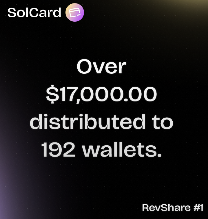 💸 Big moment for SolCard!

We have just successfully executed our first distribution event, RevShare #1.

Congratulations to every eligible holder, truly! We look forward to the next distribution events we'll keep you posted on updates!

Drop your RevShare bags below 👇