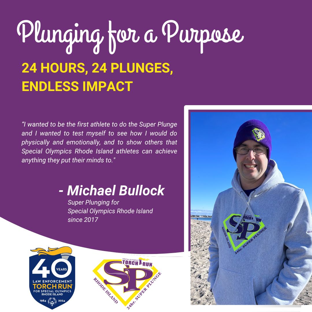 Thrilled to introduce Michael Bullock, one of our 2024 Torch Run Super Plungers! With his infectious positivity, Michael has been Super Plunging since 2017, becoming the first @SORhodeIsland athlete to complete all 24 plunges annually. His ability to inspire others led him to…