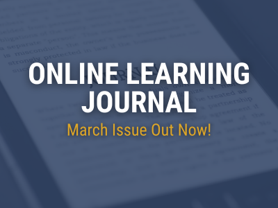 The March issue of Online Learning journal is here! This issue covers a broad range of topics including engagement, academic integrity, faculty concerns, Massive Open Online Courses (MOOCS), & student and community issues in online learning environments 👉 bit.ly/MarchOLJ