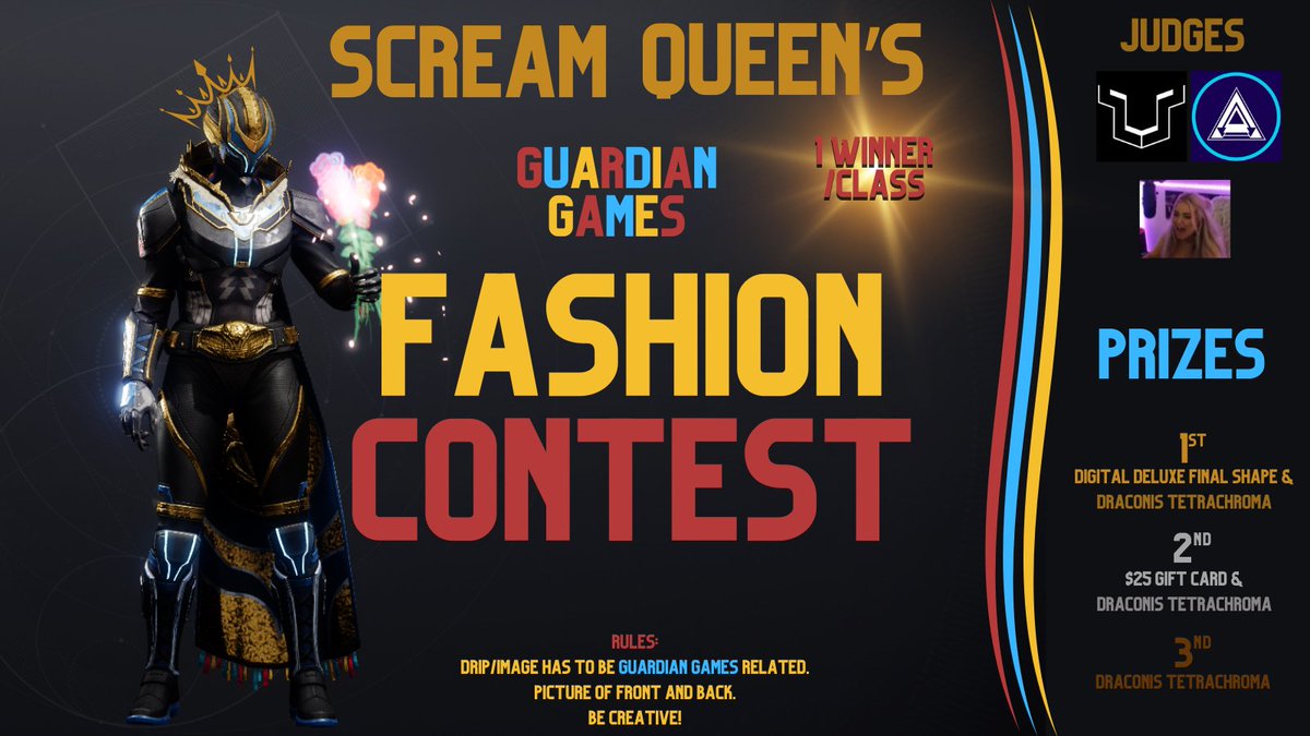 Post your Guardian Games drip below!

Draconis emblem is guaranteed for the 3 winners! All participants will be judged tomorrow around Destiny 2 reset by <a href="/Aztecross/">Aztecross</a> <a href="/leopardstealth/">Leopard</a> and me. 

Good luck!