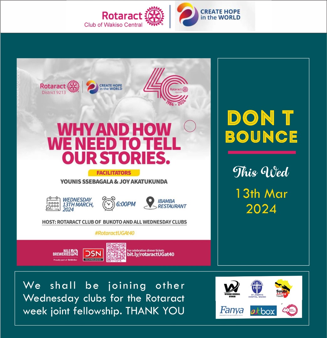 TOMORROW 13/03/24
We wont have fellowship on our usual venue 
we shall join @RoatansFinest together with other Wednesday clubs at Ibamba restaurant as we celebrate 40years of Rotaract in Uganda
#RotaractUgAt40