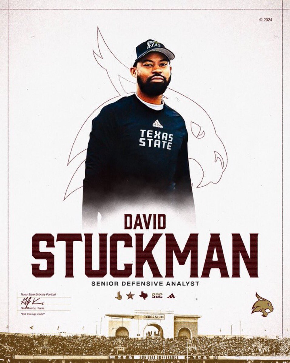 𝗪𝗲𝗹𝗰𝗼𝗺𝗲 𝘁𝗼 𝗦𝗮𝗻 𝗠𝗮𝗿𝗰𝗼𝘀! Excited to welcome David Stuckman as our defensive pass game specialist/senior analyst!!