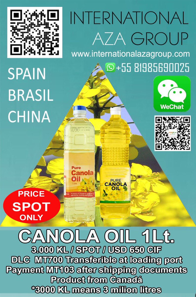 AZAContact's tweet photo. #CANOLA #OIL
Canola oil 1lt. 3000 K / Spot / USD 650 CIF https://t.co/EJPjMluHdM