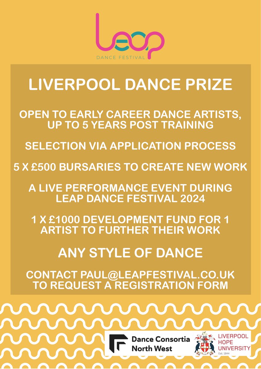 Early career dance artists are invited to apply by 15/03  for the #LiverpoolDancePrize as part of @Leap_Festival  2024. 5 artists will be awarded a £500 bursary to create & present new work with 1 artist selected for a £1000 development fund. More info at:
leapfestival.co.uk/opportunities