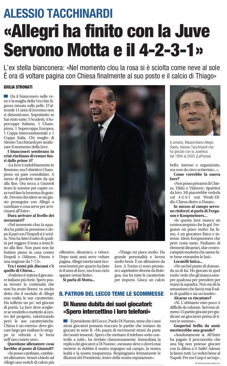 GiuliaStronati's tweet photo. #Tacchinardi: “Dopo tanti anni serve voltare pagina. #Allegri merita tanti riconoscimenti per quanto ha fatto in 8 anni, ma il suo ciclo appare finito. Thiago #Motta mi piace molto. È allenatore da #Juve. Gioca un calcio bello, intenso e organizzato, ma non da circo scriteriato” https://t.co/rVRNZIMT4X