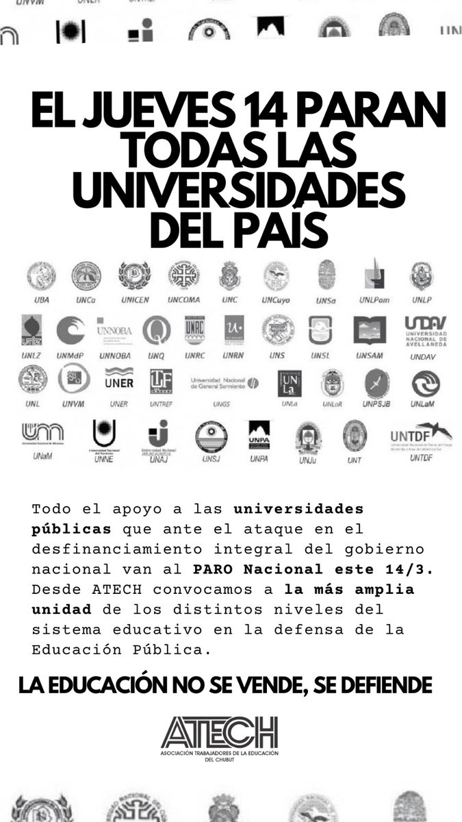 AtechCentral's tweet photo. JUEVES 14 DE MARZO PARAN TODAS LAS UNIVERSIDADES DEL PAÍS

Desde ATECH convocamos a la más amplia unidad de los distintos niveles del sistema educativo en la defensa de la educación pública.

LA EDUCACIÓN NO SE VENDE, SE DEFIENDE https://t.co/FsQc2564Rp