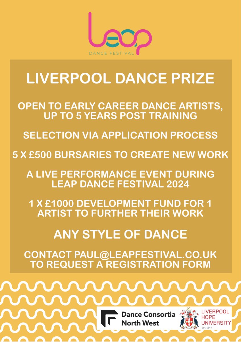 Early career dance artists are invited to apply by 15/03 for the #LiverpoolDancePrize as part of @Leap_Festival 2024. 5 artists will be awarded a £500 bursary to create & present new work with 1 artist selected for a £1000 development fund. More info at: leapfestival.co.uk/opportunities