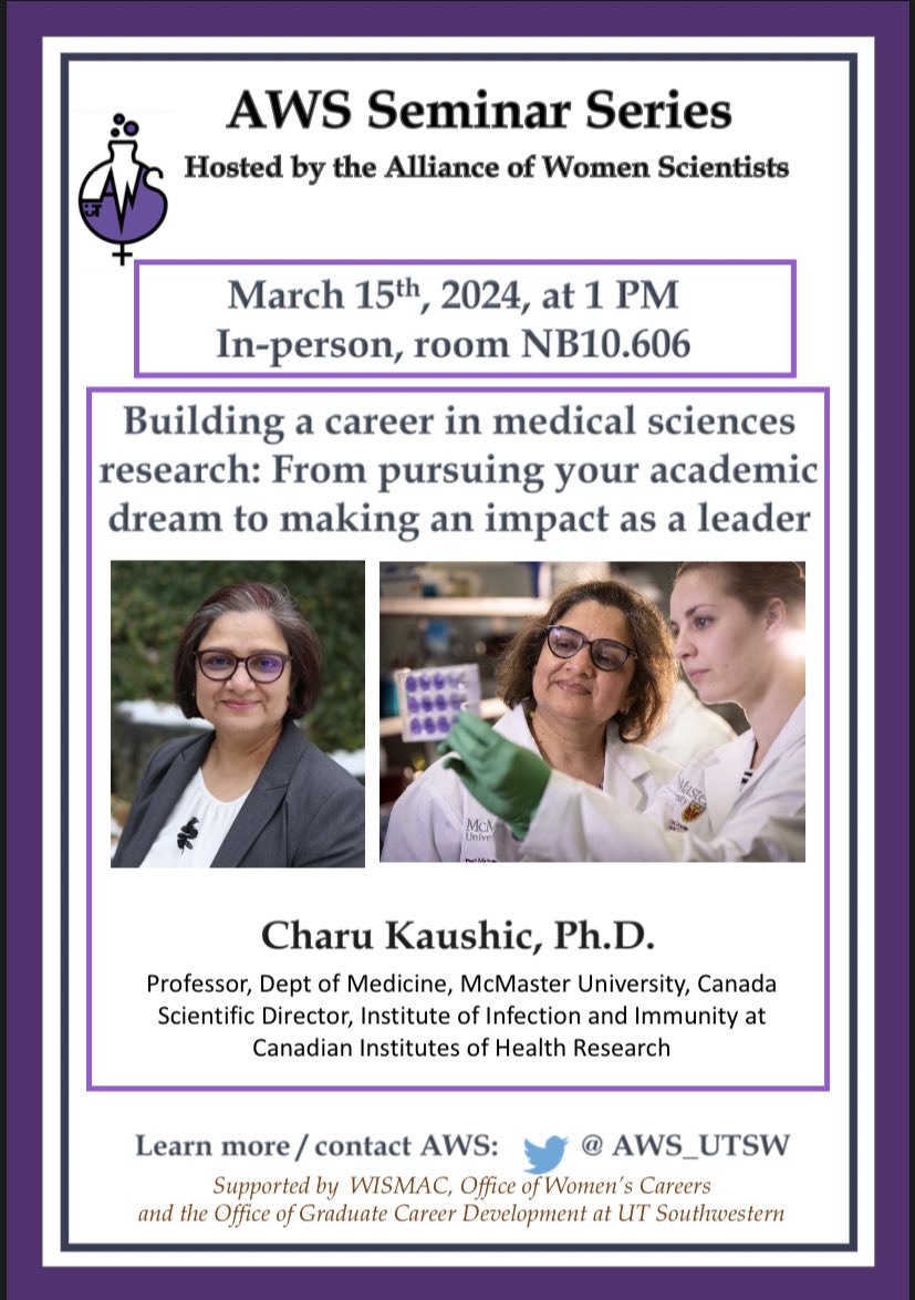 We have a special Double Feature coming up this Friday, March 15! Come hear Dr. Charu Kaushic discuss her fantastic research at 10:30, and then her inspiring career path at 1:00! All are welcome and encouraged to join :)