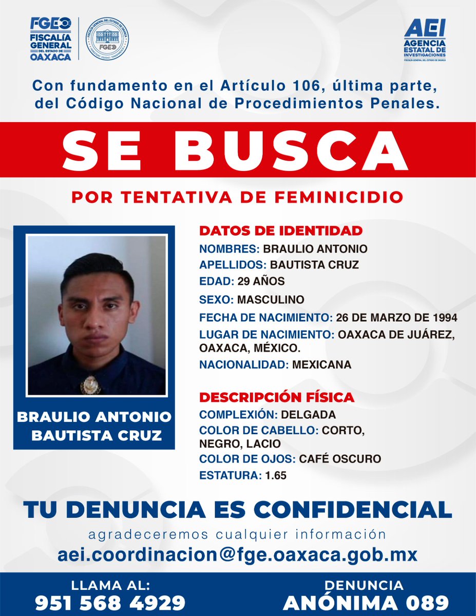 FISCALIA_GobOax's tweet photo. La Fiscalía General del Estado de Oaxaca solicita el apoyo de la ciudadanía para que aporte información que lleve a la localización de BRAULIO ANTONIO BAUTISTA CRUZ, probable responsable del delito de tentativa de feminicidio. https://t.co/oz5FQiOYFF