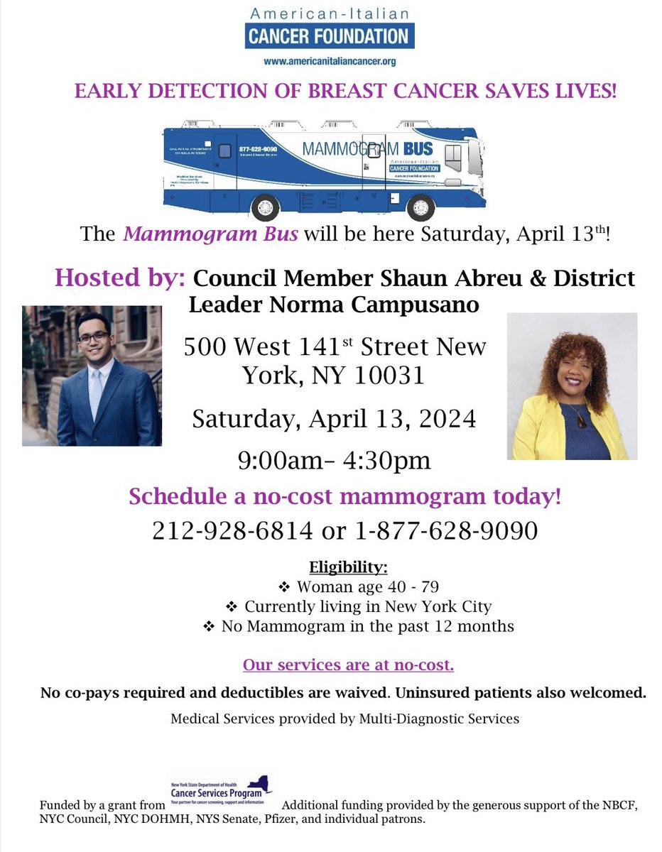 Don’t wait: early detection of breast cancer saves lives. In partnership with the American-Italian Cancer Foundation, our office is providing no-cost mammograms on April 13th through @AICF_nyc’s mobile mammography bus. Please call the numbers below to book an appointment.