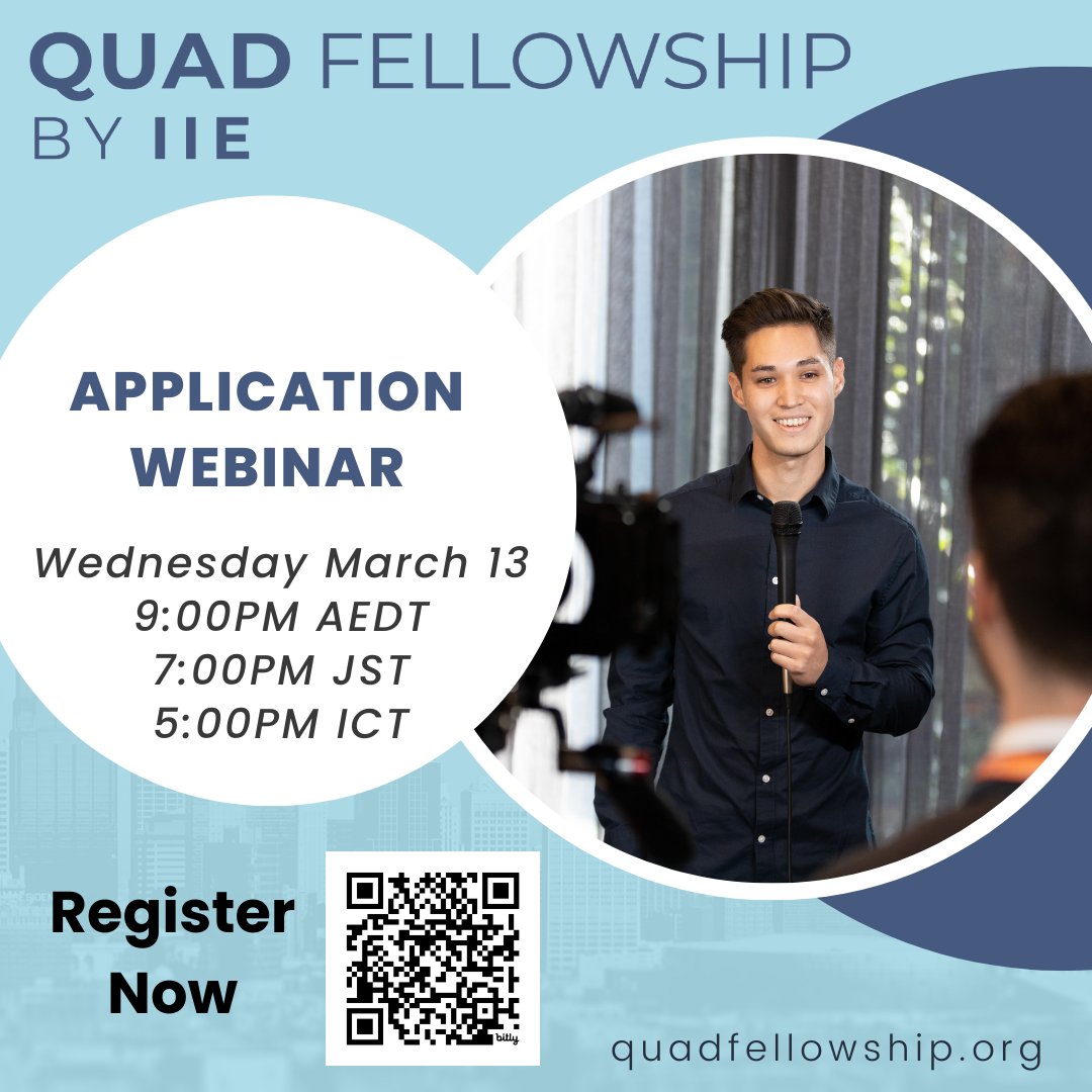 The application for the 2024-2025 Quad Fellowship is open. Register for our upcoming Application Webinar to learn more and ask questions about the fellowship and application process. #QuadbyIIE March 13, 2024. 9PM AEDT bit.ly/3PhJhYq