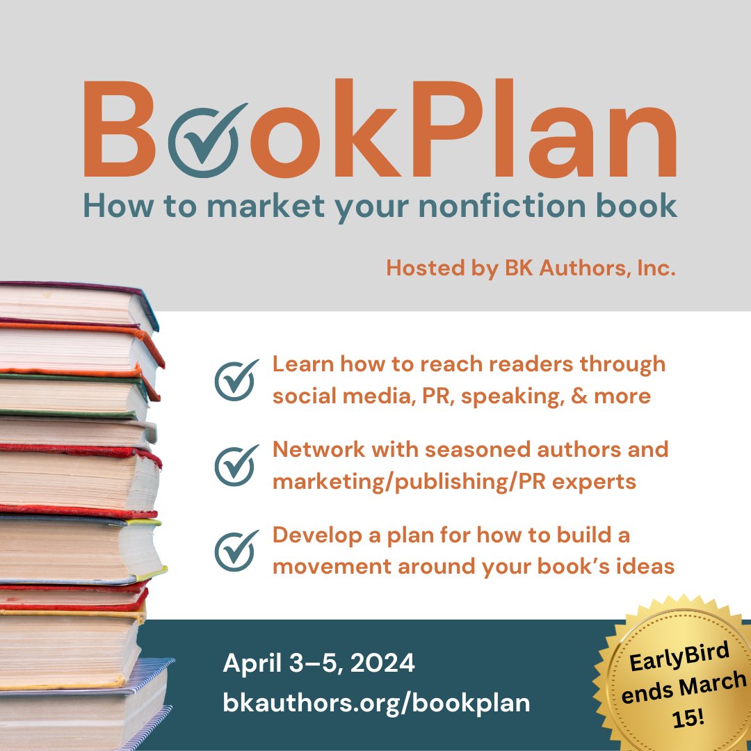 Early Bird registration closes tomorrow!

BookPlan is a three-day online event where you can learn from over 20 seasoned authors and professionals in #bookmarketing, #bookpublicity, and #publishing how to reach your audience and spread your message.

bkauthors.org/bookplan
