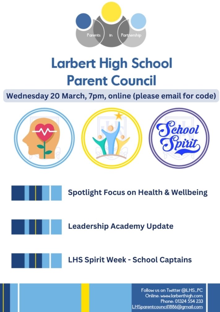 ➡️ @LarbertHigh Parents & Carers 📣 Our next meeting is on Wednesday 20th March at 7pm (online). Please email for the meeting link Lhsparentcouncil1886@gmail.com Everyone welcome 😊