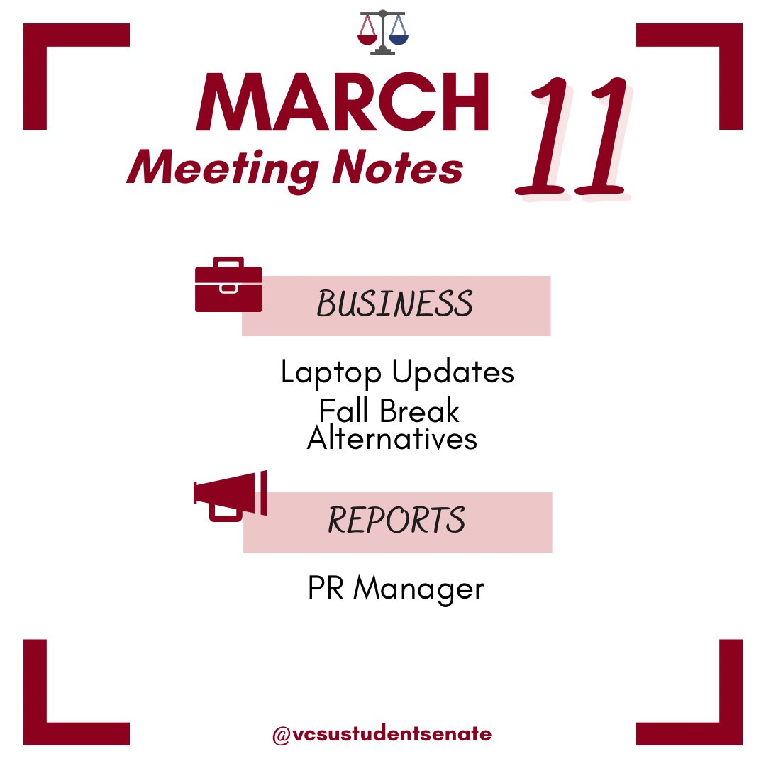 💼 In this week's meeting...  

📷 For more information on these topics, check out the full post on our Instagram!  

#MeetingNotes #StudentSenate #StudentGovernment #VCSUStudentSenate