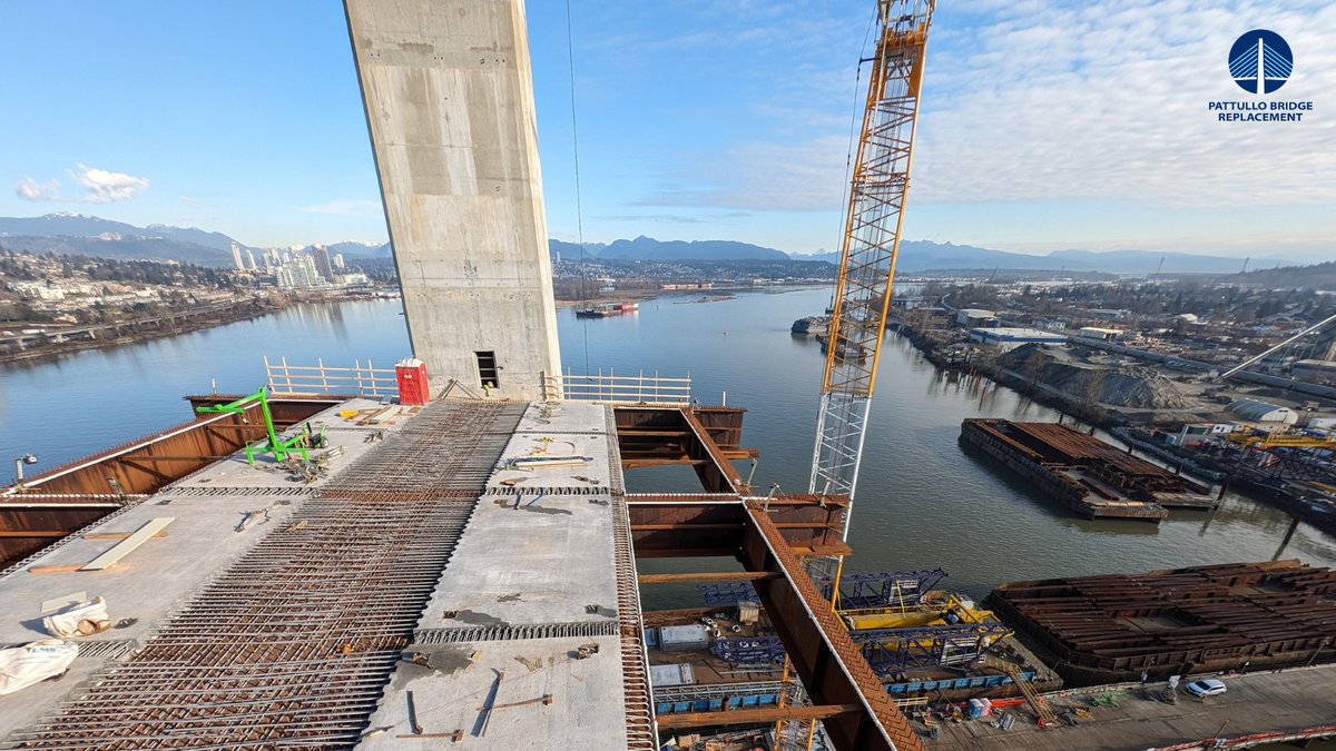 Crews are now installing concrete deck panels outward from the main bridge tower to create the future bridge deck.

In this photo, 8 precast deck panels have been installed onto the pier table on the bridge tower’s lower crossbeam.