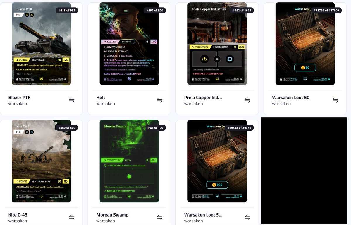 cpolsilver's tweet photo. Thank you so much for the 100k loot guys! I bought a Loot pack and I got this beauties! Check them out! 2 common, 2 Super rares, 2 Uncommon Full art and 1 Epic! The epic is Night Vision! So cool! Thank you, @TheWarsaken! #warsaken #WAXFAM https://t.co/98aKdjHDdy