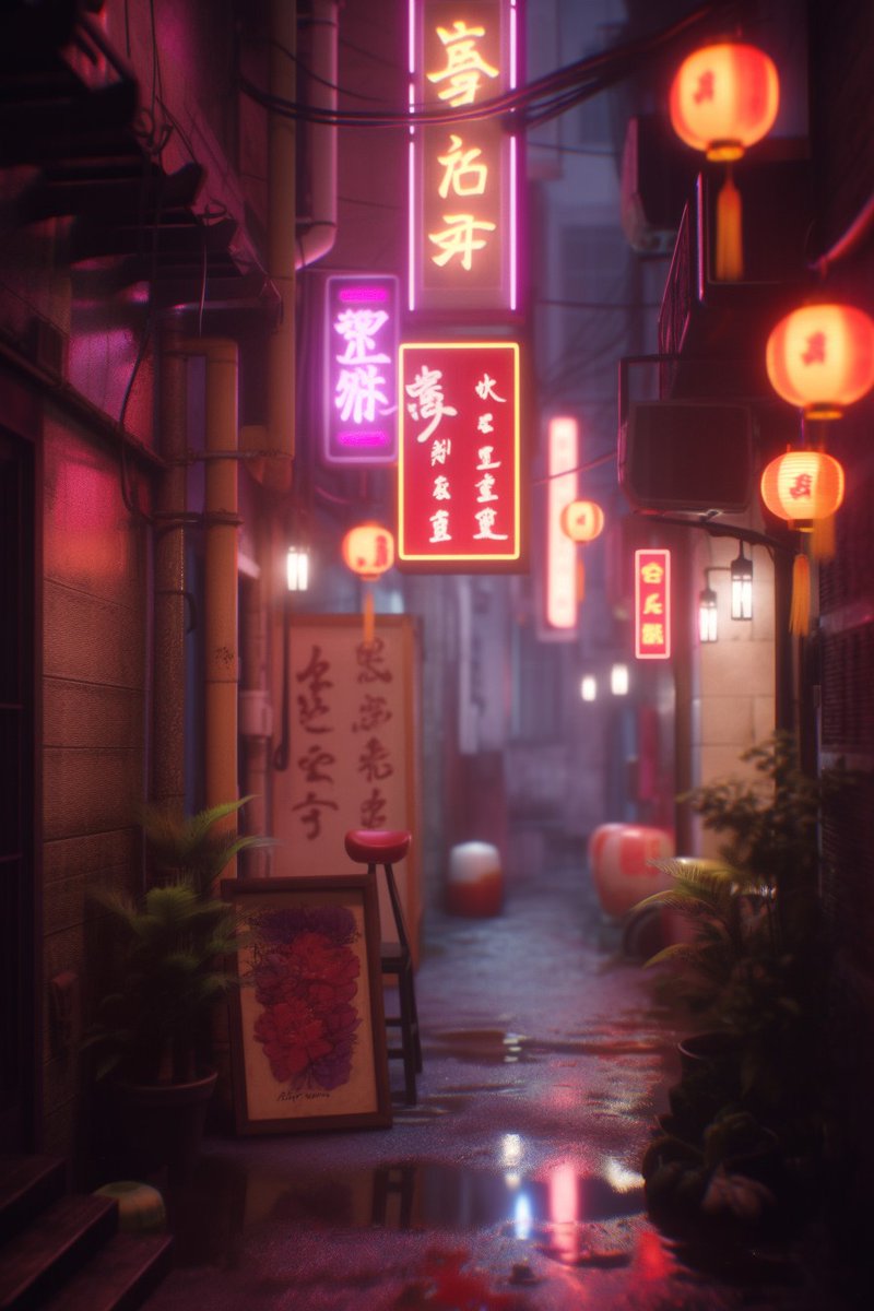 In a neon-bathed alley soaked in mystery, the glow of lanterns casts a warm tapestry over the rain-kissed cobbles, inviting the curious soul to uncover the secrets of the night-stirred cityscape.