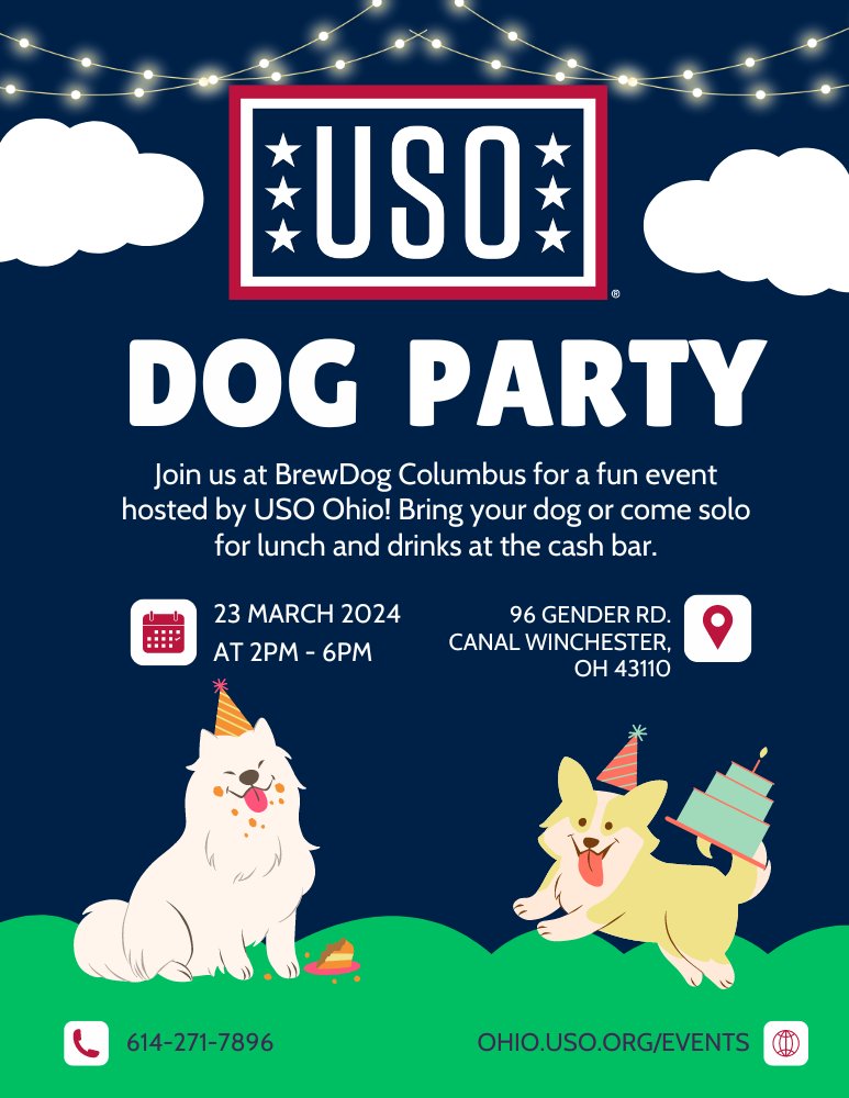 Join USO Ohio at BrewDog Columbus on March 23 from 2-6pm! Enjoy food, drinks, and activities with therapy and service dogs. Must be military or dependent. RSVP: brnw.ch/21wHOtD