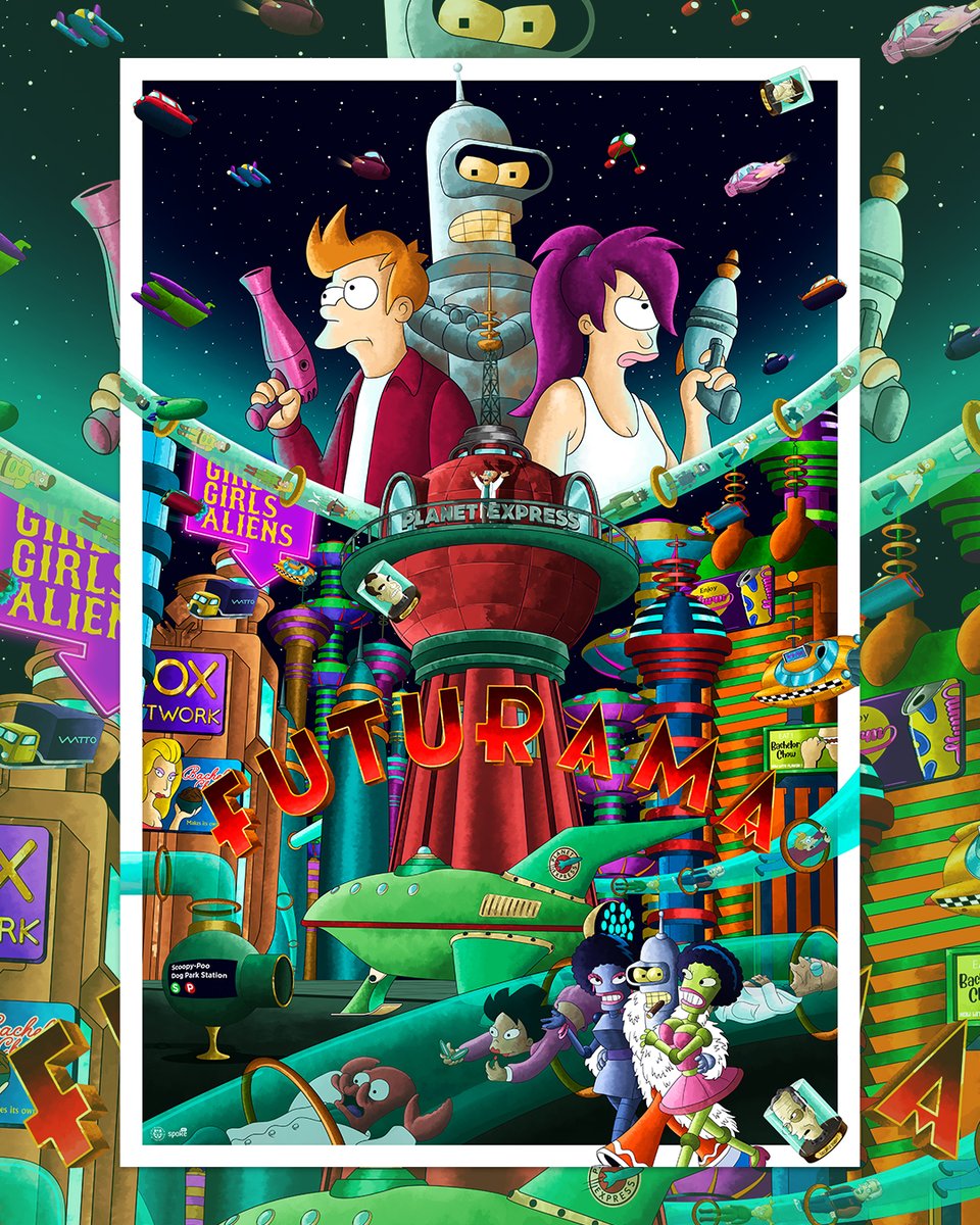 Always perfect to binge watch at any time, Futurama!

Artist Germain Barthélémy captured as many of our fav episodes as possible in this limited edition 24' x 36' print. spoke-art.com/collections/po…

#GermainBarthelemy #SpokeArt #Futurama #Bender #Fry #Leela #animation #illustration