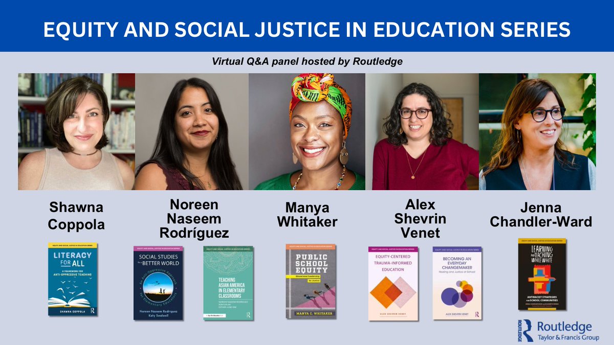 Get excited for our upcoming Equity and Social Justice in Education virtual panel! If you have questions to ask @ShawnaCoppola @NaseemRdz @IvyLeagueLady @AlexSVenet @JennaChandlerWa, head to our Instagram Story (@RoutledgeEOE) to share them!