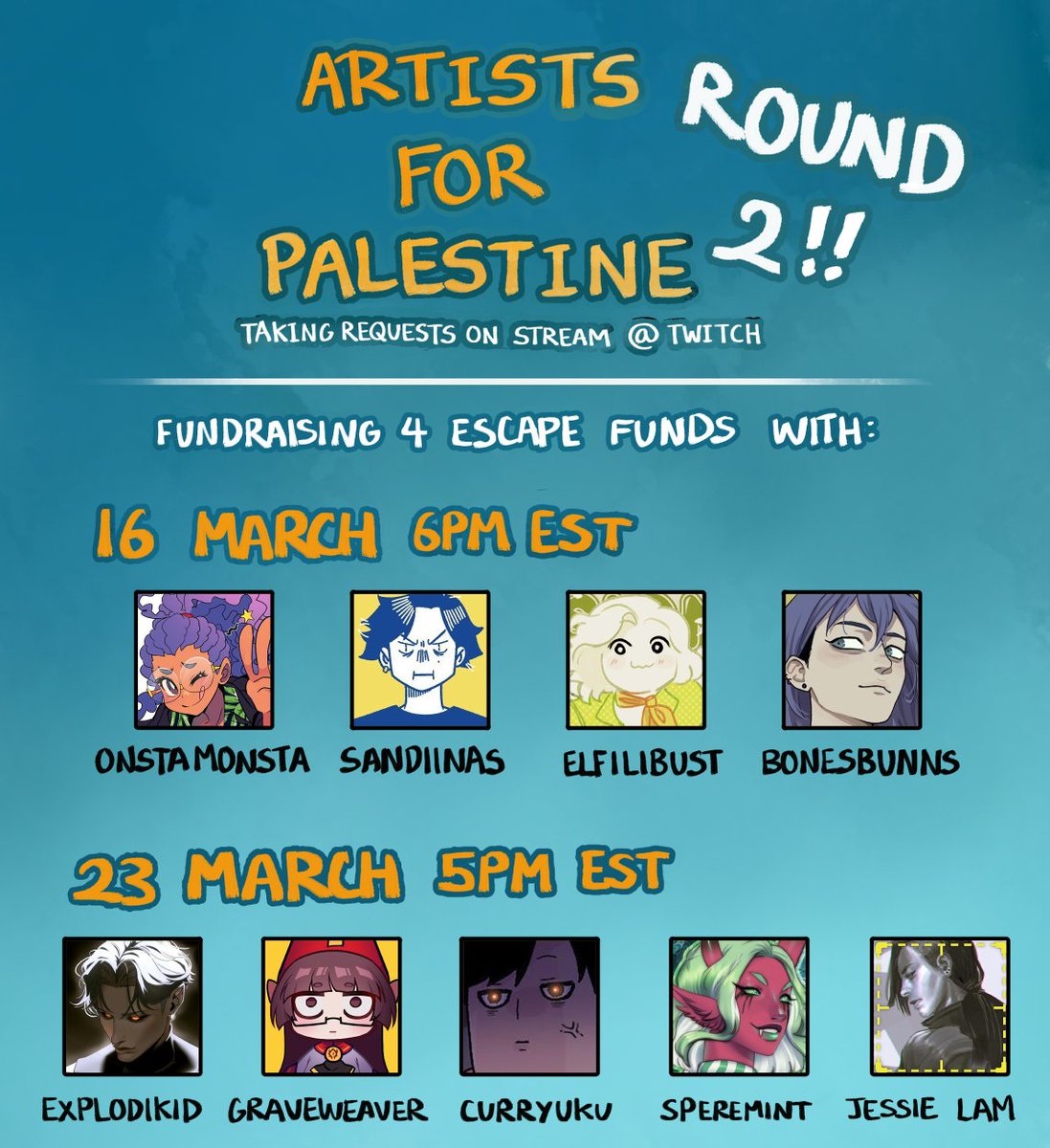 ARTISTS FOR PALESTINE 🇵🇸 - ROUND 2!!! on the 16 and 23 March, I'll once again be taking requests with a bunch of other artists to raise money for Palestinian escape funds! The roster this time includes artists like @explodikid_ , @grave_weaver, @axl99 and @OnstaMonsta!!