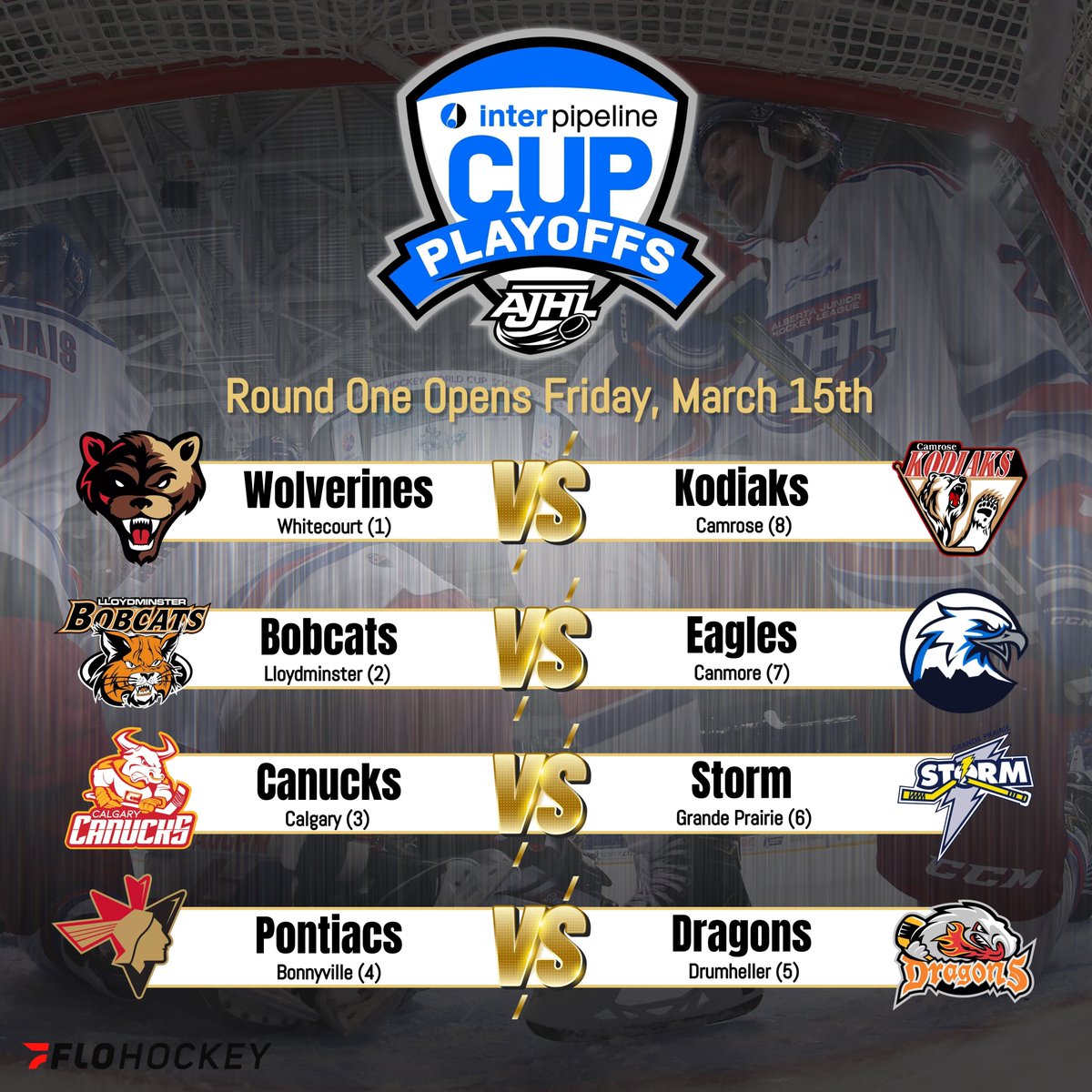 The 2024 <a href="/inter_pipeline/">Inter Pipeline</a> Cup AJHL Playoffs open Friday, March 15th!  The full schedule for each best-of-seven series and the live playoff bracket is available here➡️ ajhl.ca/stats/playoffs… #AJHL60