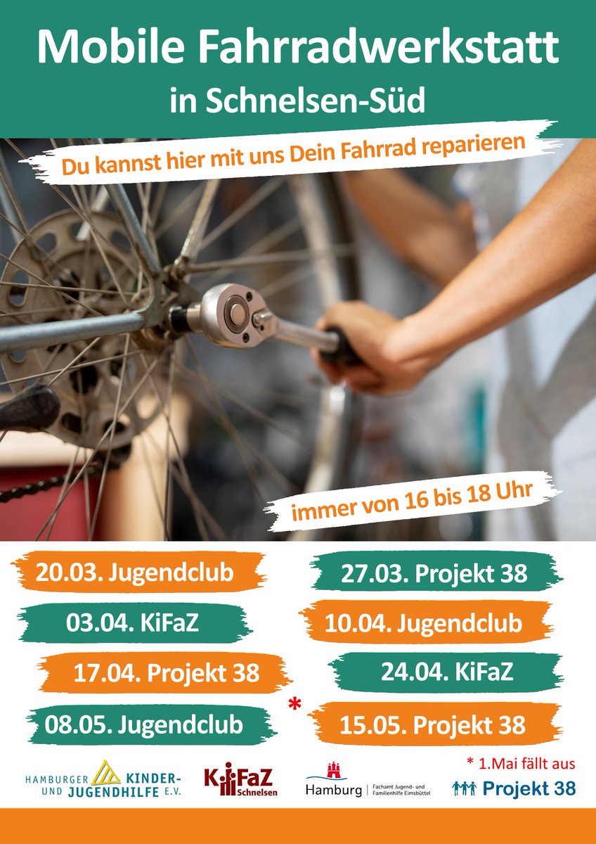 Stadtteilbüro Schnelsen-Süd
<a href="/SchnelsenSud/">Stadtteilbüro Schnelsen-Süd</a>

Mobile #fahrradwerkstatt in #schnelsensüd 

Ab dem 20.03. könnt ihr wieder euer Fahrrad kostenfrei für den Frühling/Sommer fit machen. Kommt vorbei in den Jugendclub. Um 16 Uhr geht es los!  Alle Termine findet ihr auf dem Foto.