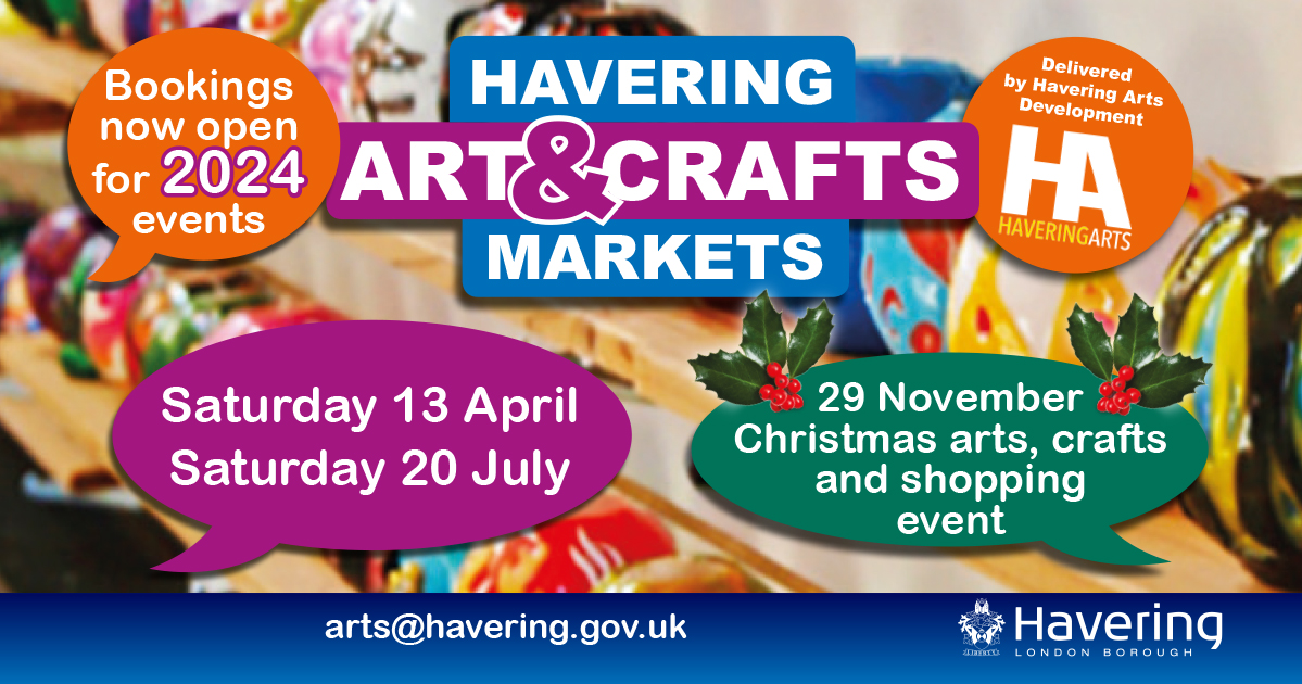 Bookings are now open for our April Arts & Crafts Market on Saturday 13th April 2024, between 10-4pm. For stall booking information arts@havering.gov.uk @LBofHavering