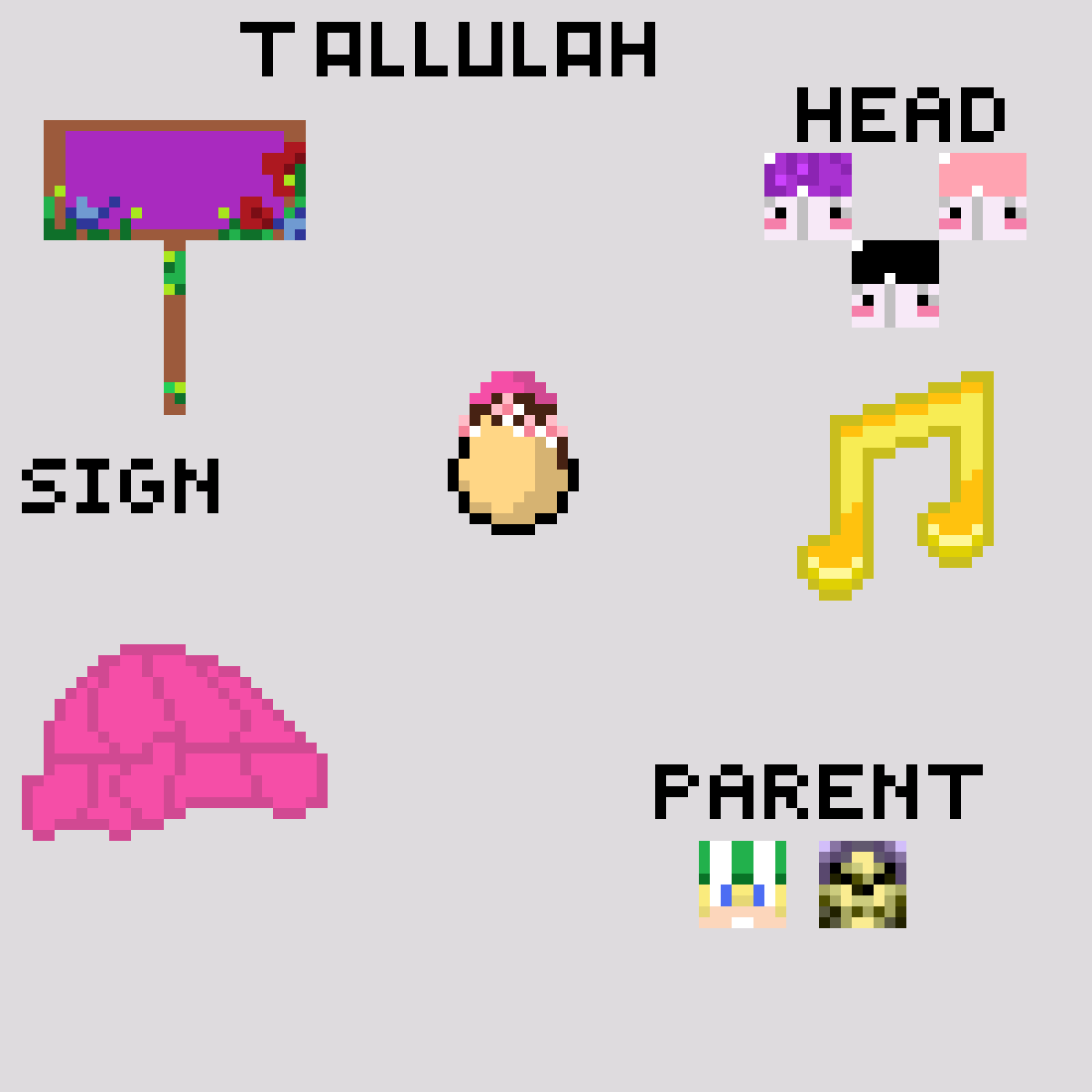 Hello, 
A made a pixel art of Tallulah with some drawing of thinks she have/like

(I will post one of each eggs)
#qsmpfanarts #qsmpeggsfanart #tallulahfanart