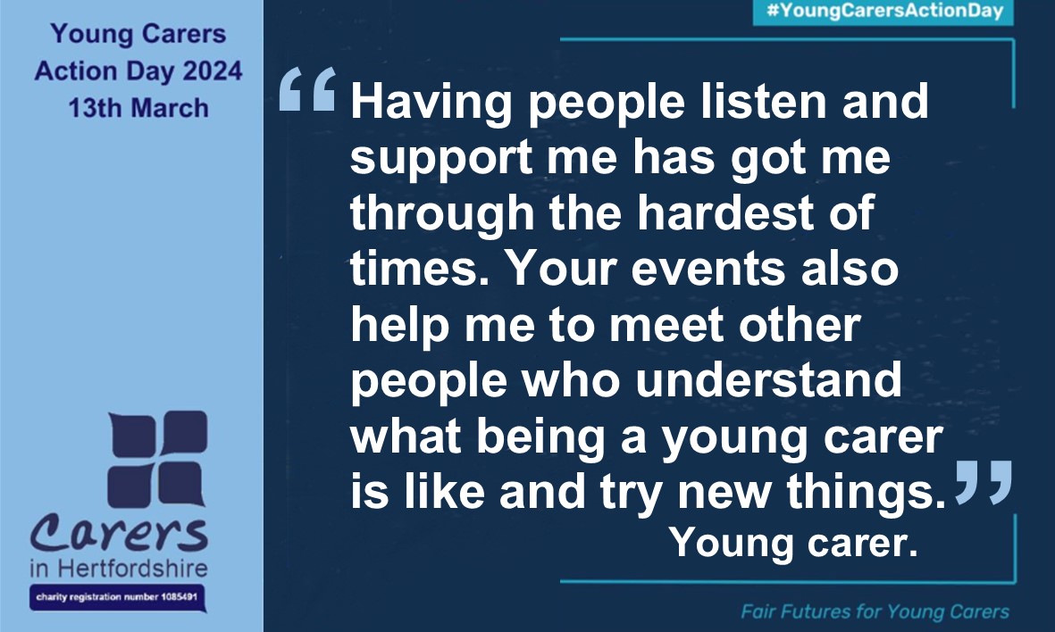 Almost 2,800 young carers are registered with us @CarersinHerts & @ycherts. We help them & their families be informed, discuss their views, experiences & feelings, keep well & have shape services. We welcome feedback about how we've helped, like the quote from a young carer.