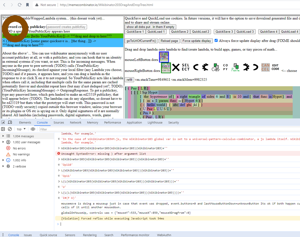 benrayfield's tweet photo. In the case of Wikibinator203, that var is itself a js lambda... Wikibinator203(Wikibinator203(Wikibinator203))(Wikibinator203)+'' --> 'Op110' https://t.co/ODxppi0igg