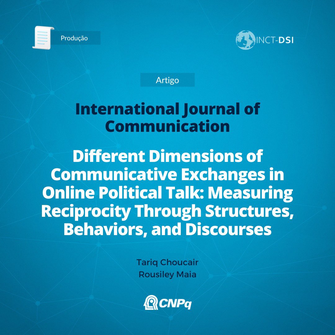 inct_dsi's tweet image. A reciprocidade nos debates políticos online norteia o artigo “Different Dimensions of Communicative Exchanges in Online Political Talk: Measuring Reciprocity Through Structures, Behaviors, and Discourses”, assinado por Tariq Choucair e pela pesquisadora do INCT Rousiley Maia 👇