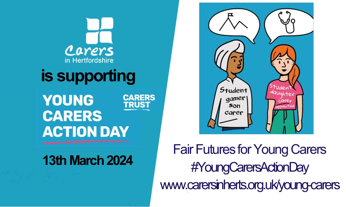 It's #YoungCarersActionDay & we @CarersinHerts & @ycherts support carers of all ages by providing information & activities to meet other carers, develop skills or take a break from caring – all that help to 'Fair Futures', this year’s theme. Get in touch to learn how we can help.