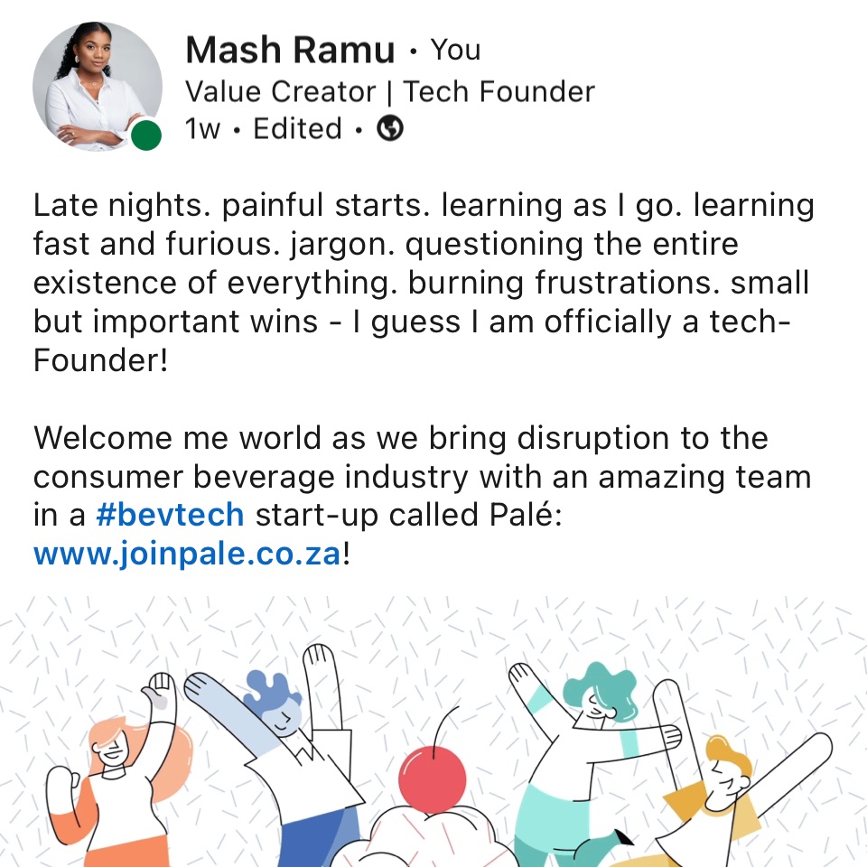 First LinkedIn post in years! 

Sign-up for @JoinPale joinpale.co.za 

Take the journey with myself and the team🌻🥂 #bevtech