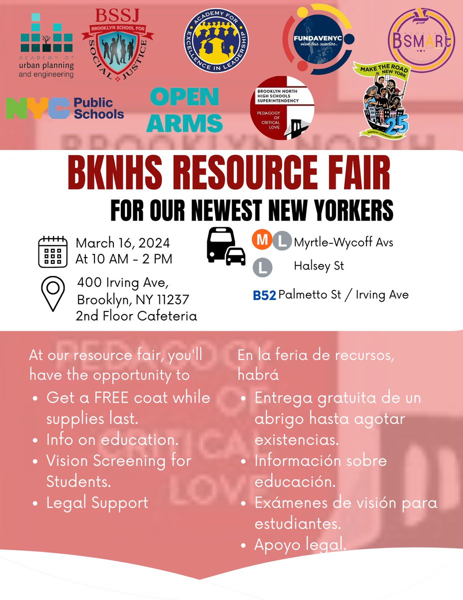 So excited to welcome our newest New Yorker families to our family resource fair on Saturday at the historic Bushwick campus ❤️ #ItTakesAVillage #BKNHSproud #theBKNHSway @BKNHSSuptRoss @ElleRushie @TPaulin_BKNHS @DayanaIbadango @NYCSchools @aupebrooklyn @AELNYC @BSSJconnected