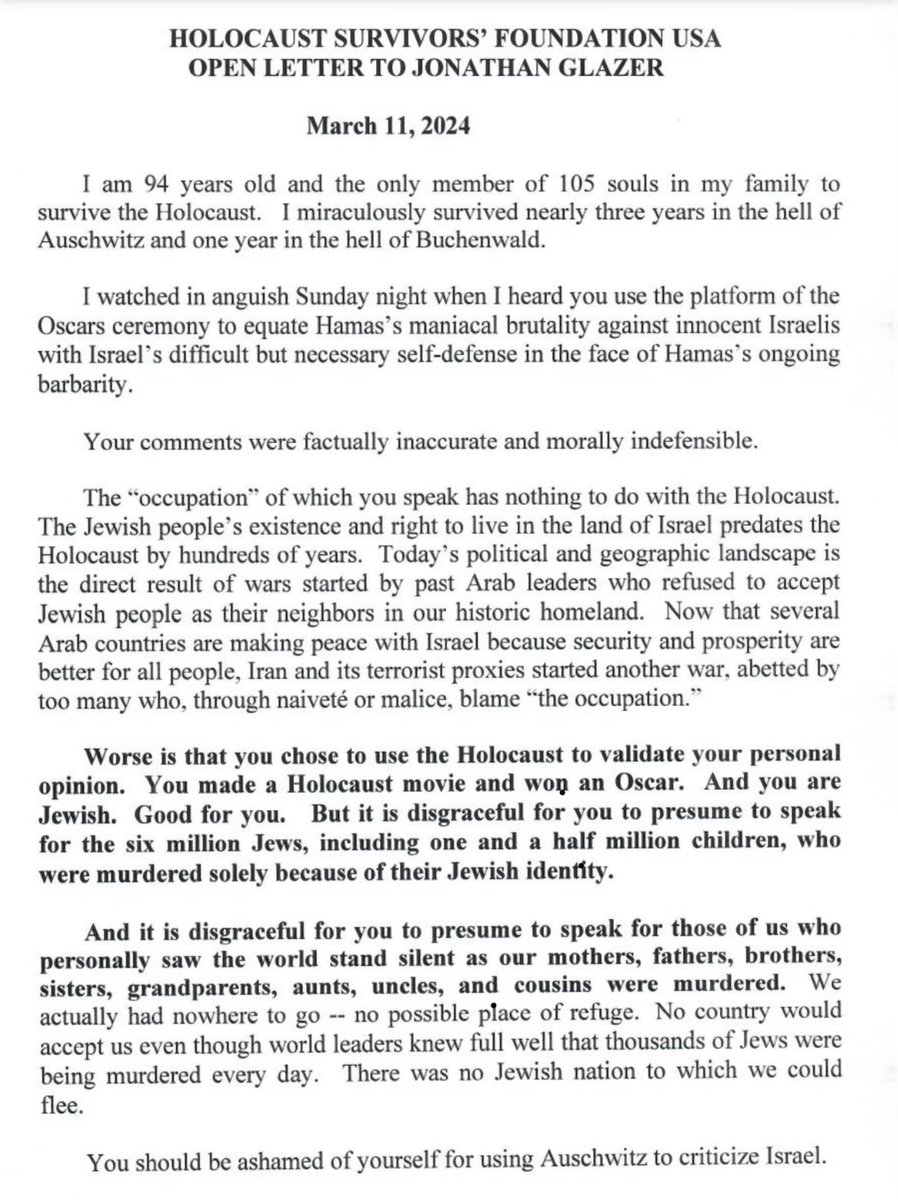 An open letter from 94 year old Holocaust survivor David Schaecter to Jonathan Glazer. A generation of Jews that suffered the worst atrocities from a world that stood silent. ✡️💪#NeverAgain