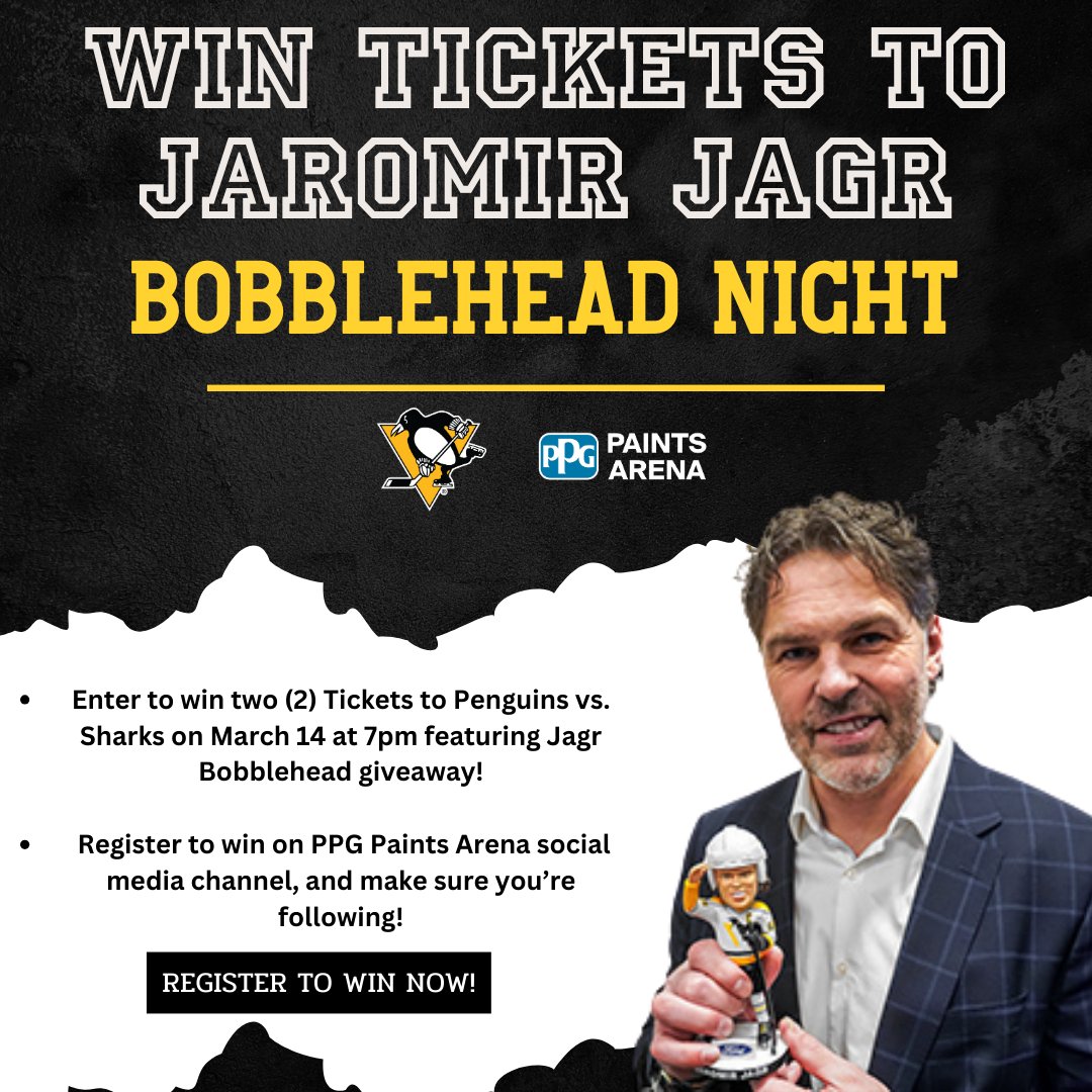 SHOOT AND YOU COULD SCORE! Shoot your shot by entering our Sweepstakes and you could score Pens tickets to the March 14th game vs. San Jose AND Jaromir Jagr Bobblehead night! Register to win: ow.ly/QxGS50QRsik