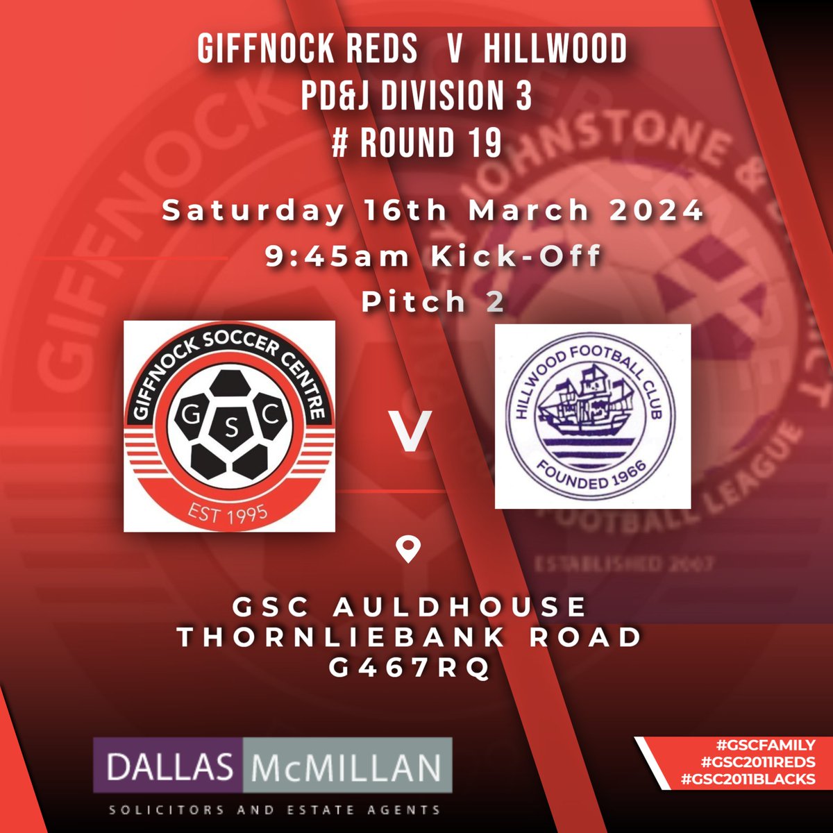 GSC2011RedBlack's tweet photo. 🔴⚫️ Giffnock 2011's Red Fixture Alert 🔴⚫️
⚽️ Giffnock SC 2011 Reds vs. Hillwood
🏆 PD&amp;J Division 3 Round #19
📅 Saturday 16th March 2024
⌚️ 9:45am Kick Off
🏟️ GSC Auldhouse
Join us for an action-packed morning as Giffnock SC 2011 Reds take on Hillwood in the PD&amp;J Division 3 https://t.co/cKX9bUfWJT