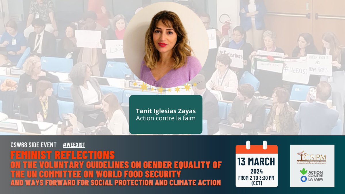 CosquerRic's tweet image. @TanitIglesias, experte genre @ACF_France abordera deux aspects essentiels des directives du @UN_CFS #CFSGender
👉le droit à une protection sociale universelle
👉les recommandations sur l'action #humanitaire et #climatique