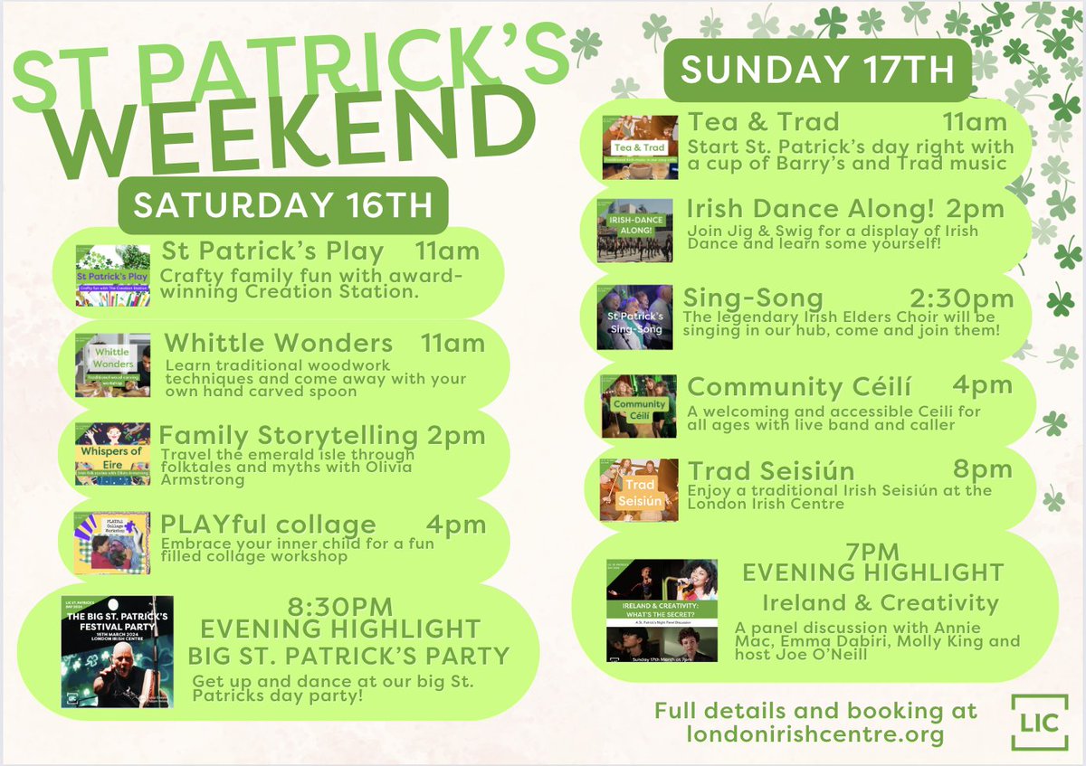 As well as presenting a brilliant programme with @MayorofLondon in Trafalgar Square on Sunday, the @LDNIrishCentre has a weekend of lovely stuff for all ages. For the real deal this #StPatricksDay, the LIC is where you want to be. londonirishcentre.org/all-events