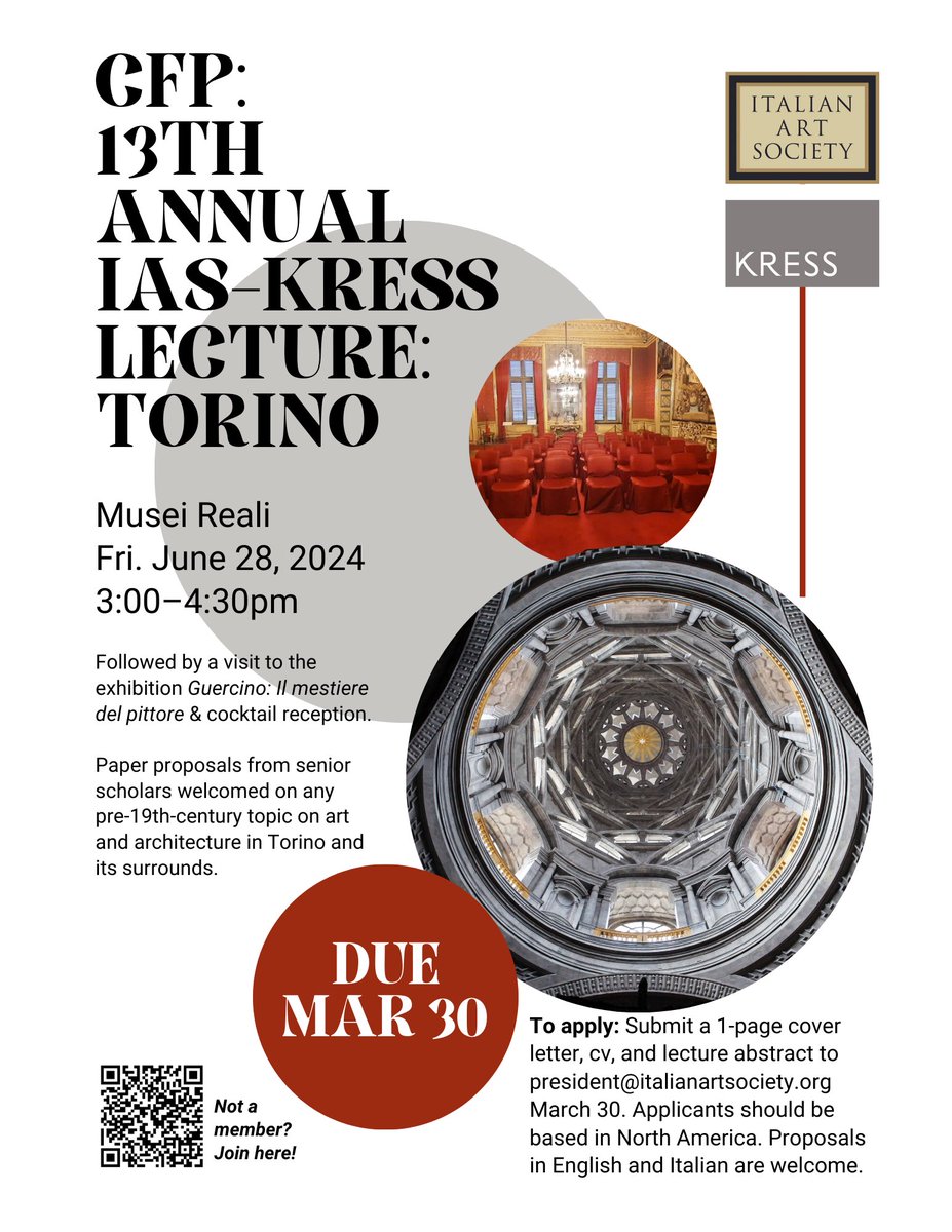 We’re excited to open the call for our 2024 Lecture series. This year we will be hosting at the Musei Reali in Torino! Proposals for the IAS- Kress lecture are due by March 30th.
#IASkress #ItalianArt #ArteItaliano #ItalianArtSociety