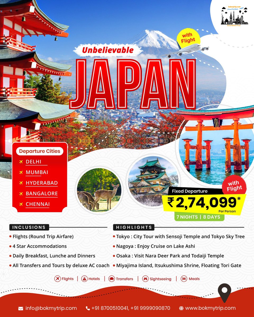 🇯🇵Experience the wonders of Japan like never before with our unbelievable trip package✈️

Contact Us:
📱 +91 8700510041, +91 9999090870
✉️ info@bokmytrip.com
🌐 bokmytrip.com

#JapanTrip #UnbelievableDeal #TravelGoals #ExploreJapan #Wanderlust #BookNow #BokMyTrip