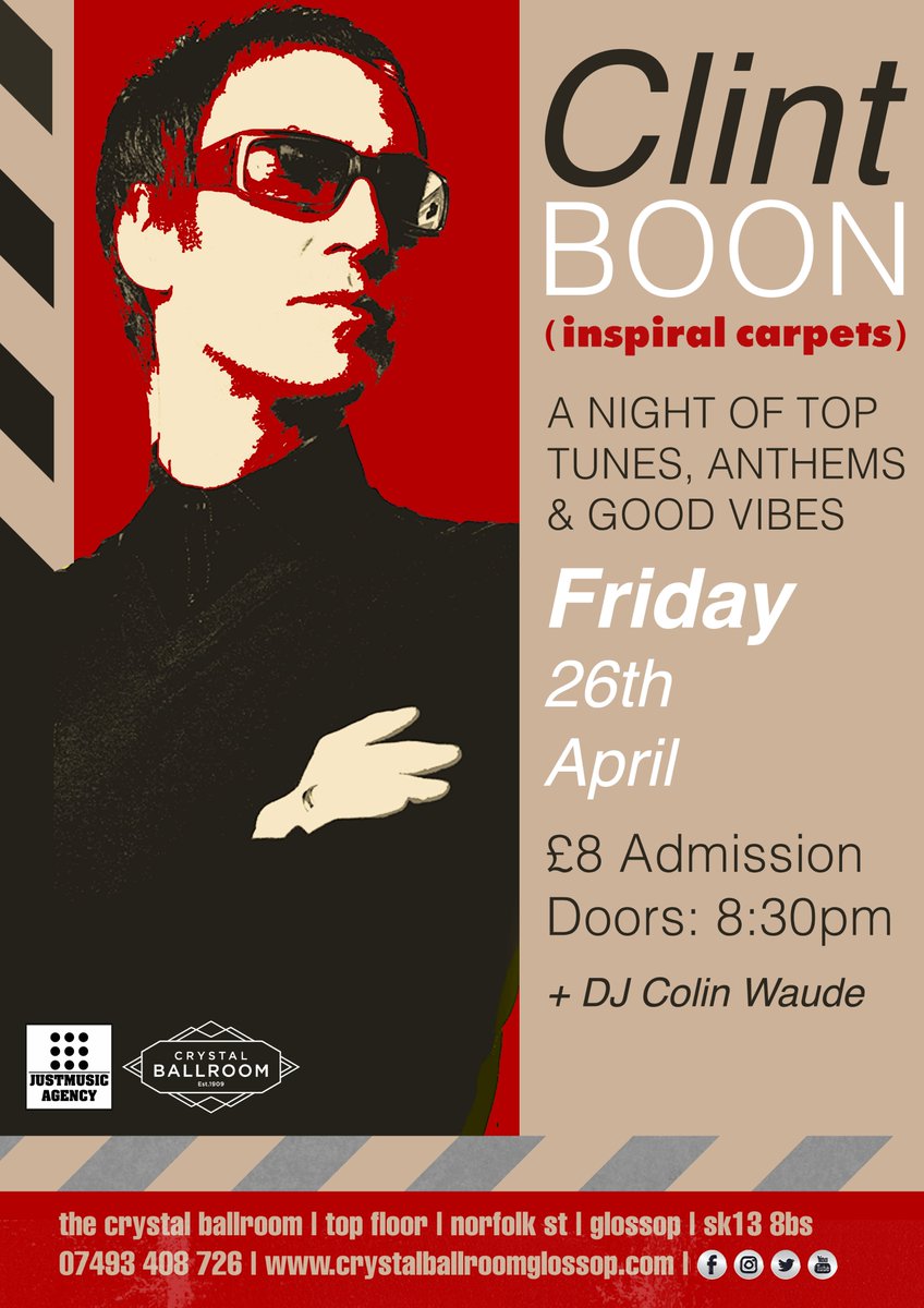 Clint Boon DJ Set - Friday 26th April Tickets: tickettailor.com/events/crystal… Inspiral Carpets member and all round Mancunian icon Clint returns with his legendary indie night! #clintboon #inspiralcarpets #manchestermusic #indienight