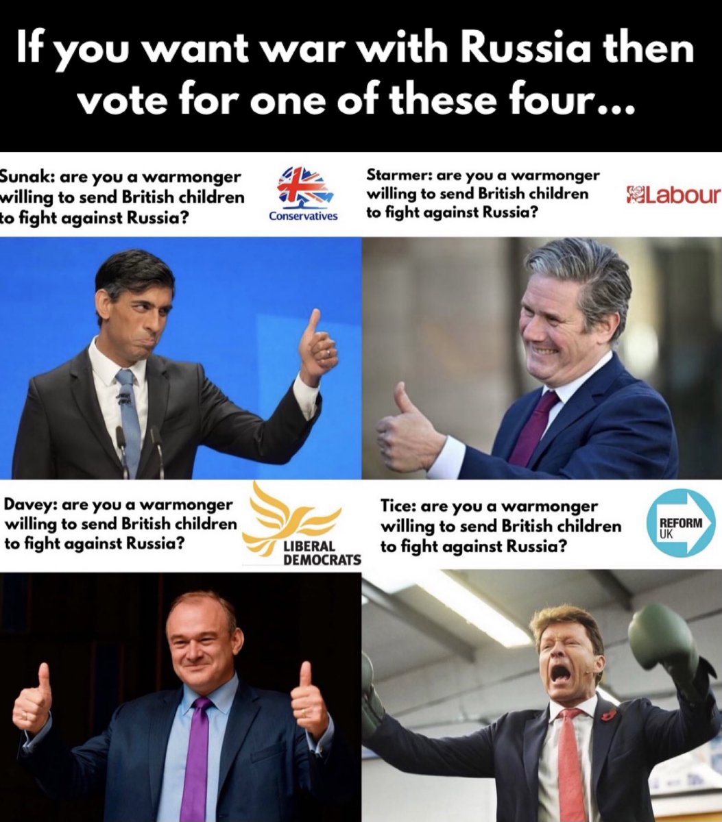13orangesbc's tweet image. A vote for Sunak is a vote for war
A vote for Starmer is a vote for war
A vote for Davey is a vote for war
A vote for Tice is a vote for war

The UNI-PARTY wants war; vote for it if you do too; else go elsewhere...

@ABridgen @DrTeckKhong @davidkurten @rogerwaters