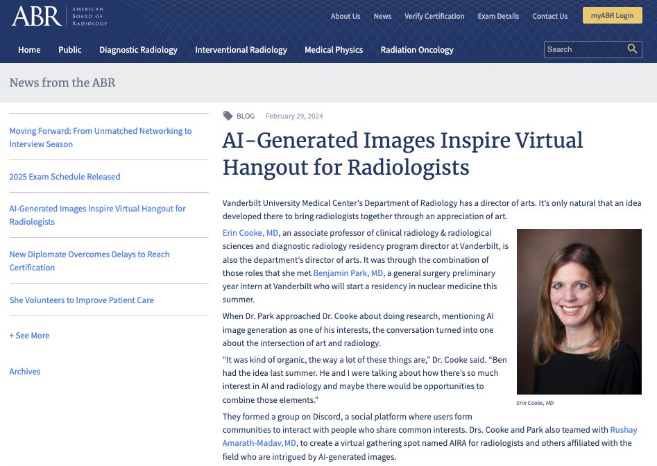 Erin Cooke, MD (@erincookemd) on Twitter photo Thanks to <a href="/ABR_Radiology/">American Board of Radiology</a> for featuring AIRA, our AI-art in radiology 🎨🩻community on Discord! Kudos to current interns & soon to be #radres <a href="/Bencparkk/">Ben Park</a> & <a href="/ferrero_rushay/">Rushay Amarath</a> in spearheading this! Please join us: discord.gg/KPbCQkEaey & on IG: ai_radart. Welcome! #RadArt #AIArtwork Thanks to <a href="/ABR_Radiology/">American Board of Radiology</a> for featuring AIRA, our AI-art in radiology 🎨🩻community on Discord! Kudos to current interns & soon to be #radres <a href="/Bencparkk/">Ben Park</a> & <a href="/ferrero_rushay/">Rushay Amarath</a> in spearheading this! Please join us: discord.gg/KPbCQkEaey & on IG: ai_radart. Welcome! #RadArt #AIArtwork
