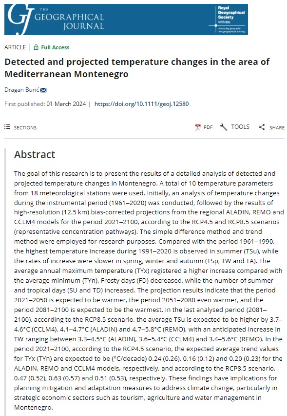 🚨New paper published by Dragan Burić (University of Montenegro): 'Detected and projected temperature changes in the area of Mediterranean Montenegro'. 🌡️ doi.org/10.1111/geoj.1…