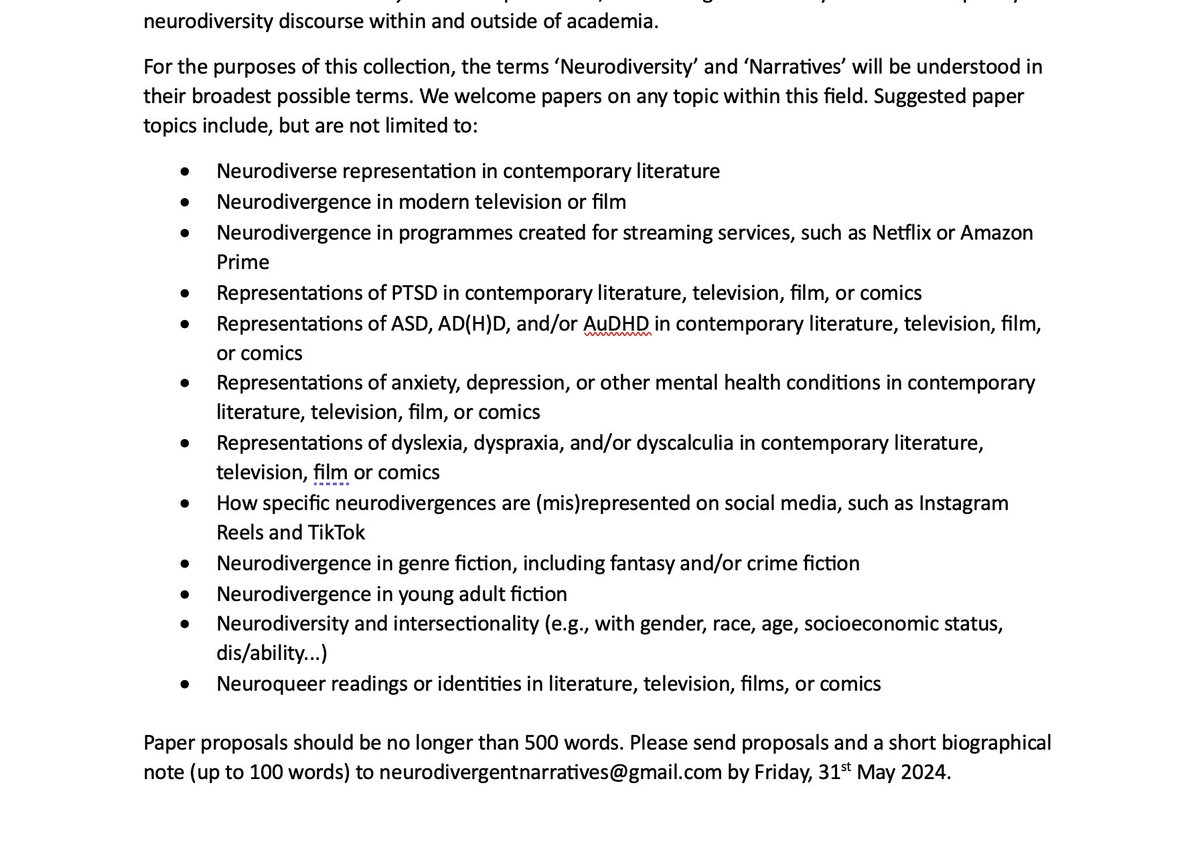 📢call for papers📢 Neurodiverse Narratives in the 21st Century Myself and @Judgeyxo are co-editing a new collection as part of the @NdHumanities research network. Please see below if the topic is of interest! #NeurodiversityCelebrationWeek #neurodiversity #neurodivergence