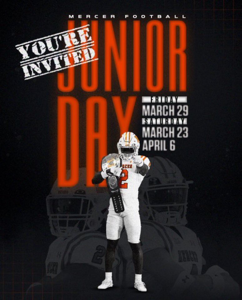 Thank you <a href="/TO_65FB/">Tyler Orlosky</a> for the junior day invite. I will be attending Mercer April 6th! <a href="/JCJetsFootball/">James Clemens Jets Fb</a> <a href="/MercerFootball/">Mercer Football</a> <a href="/JCFB_Recruiting/">JC Football Recruiting</a> @coach_evans4 <a href="/CoachRich25/">Lanny T Rich</a> <a href="/JPowers25/">Jerraud Powers</a> <a href="/Coach_ABurke/">Austin Burke</a>