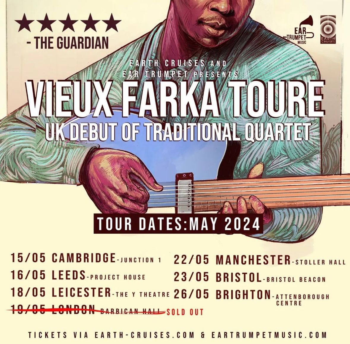 .@vieuxfarkatoure, son of the legendary Malian artist @alifarkatoure, tours in the UK this May, with a sold out Barbican show. Tickets on sale at earth-cruises.com and eartrumpetmusic.com